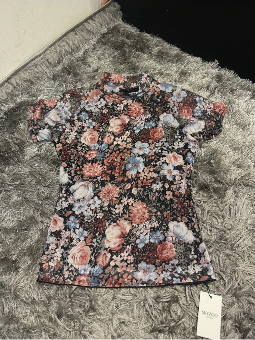 Floral Short Sleeve Tee in Black with Pink & Blue Blooms